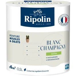 Ripolin - Peinture Meuble & Objet 0,5L Blanc Champagny Satiné - Peinture sans sous-couche pour bois, mélaminé, métal, intérieur/extérieur - 10% biosourcée