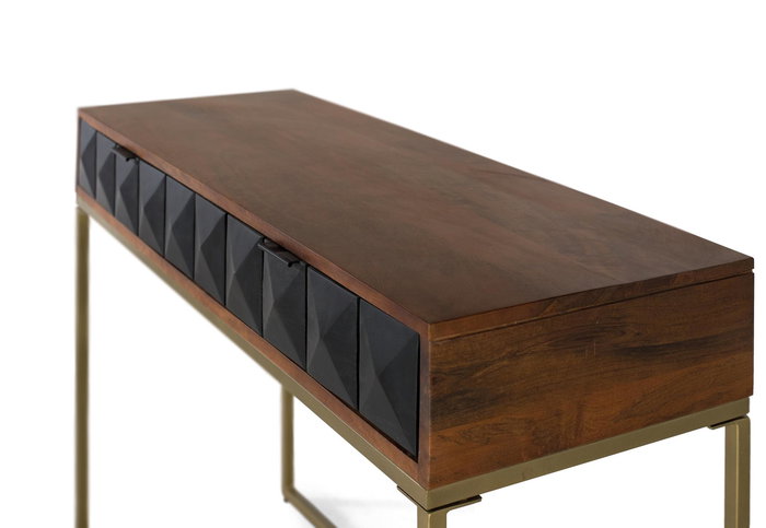 GINER Y COLOMER - Console en bois de manguier et structure en fer, couleur noisette et noir avec tiroirs à motif diamant et pieds de 60 cm