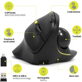 Port Designs 900719 TRACKBALL ERGO Souris ergonomique sans fil trackball Bluetooth et 2.4 GHz, rechargeable, 5 boutons avec molette, noir