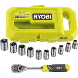 Ryobi Coffret Clé à Cliquet 90 Dents RHRS10PC avec 8 Douilles (8-15 mm) et Adaptateur 1/4''-3/8'' - Compatible LINK