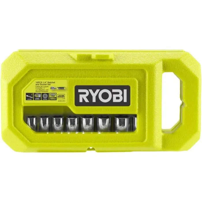Ryobi Coffret Clé à Cliquet 90 Dents RHRS10PC avec 8 Douilles (8-15 mm) et Adaptateur 1/4''-3/8'' - Compatible LINK