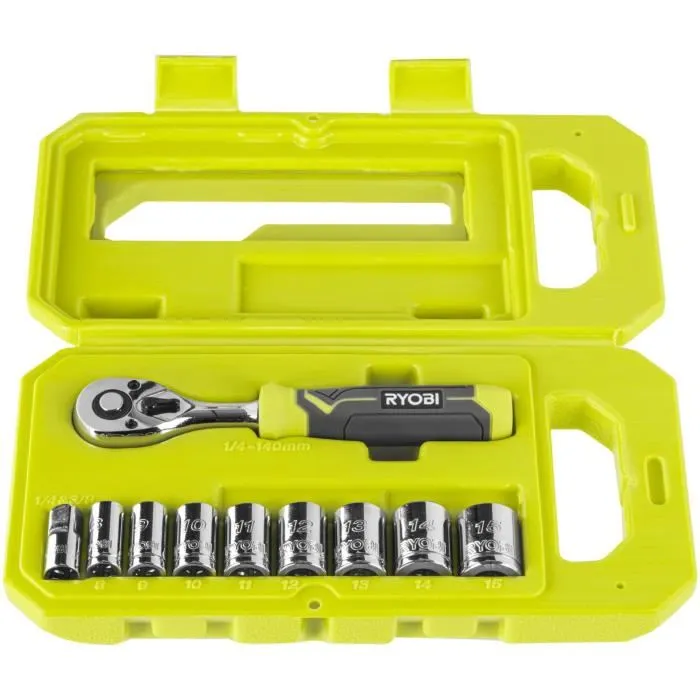 Ryobi Coffret Clé à Cliquet 90 Dents RHRS10PC avec 8 Douilles (8-15 mm) et Adaptateur 1/4''-3/8'' - Compatible LINK