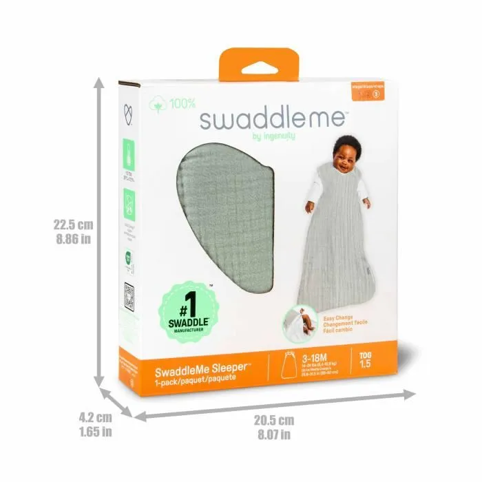 Ingenuity Gigoteuse d'Emmaillotage Evolutive SwaddleMe Night Sack Sleeper, Mousseline de Coton TOG 1, Vert Sauge, 3-18 Mois