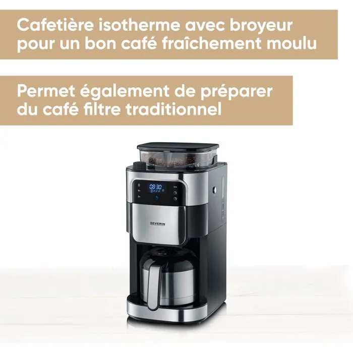 Severin KA 4814 - Cafetière filtre avec broyeur intégré, 8 tasses, Noir/Inox