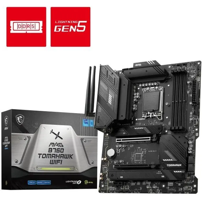 MSI MAG B760 TOMAHAWK WiFi - Carte mère ATX - Socket LGA 1700 - Compatible Intel Core 12e/13e Génération - 2.5G LAN - USB 3.2 Gen2x2 Type-C - HDMI 2.1 - DisplayPort 1.4 MSI MAG B760 TOMAHAWK WiFi - Carte mère ATX - Socket LGA 1700 - Compatible Intel Core 12e/13e Génération - 2.5G LAN - USB 3.2 Gen2x2 Type-C - HDMI 2.1 - DisplayPort 1.4