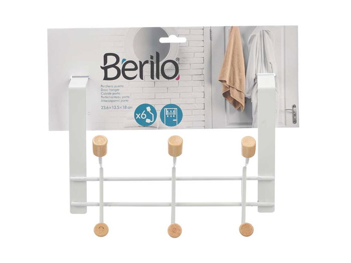Berilo Patère 6 Crochets Porte Blanche Métal et Bois 24 x 18 x 12 cm (Set de 12)