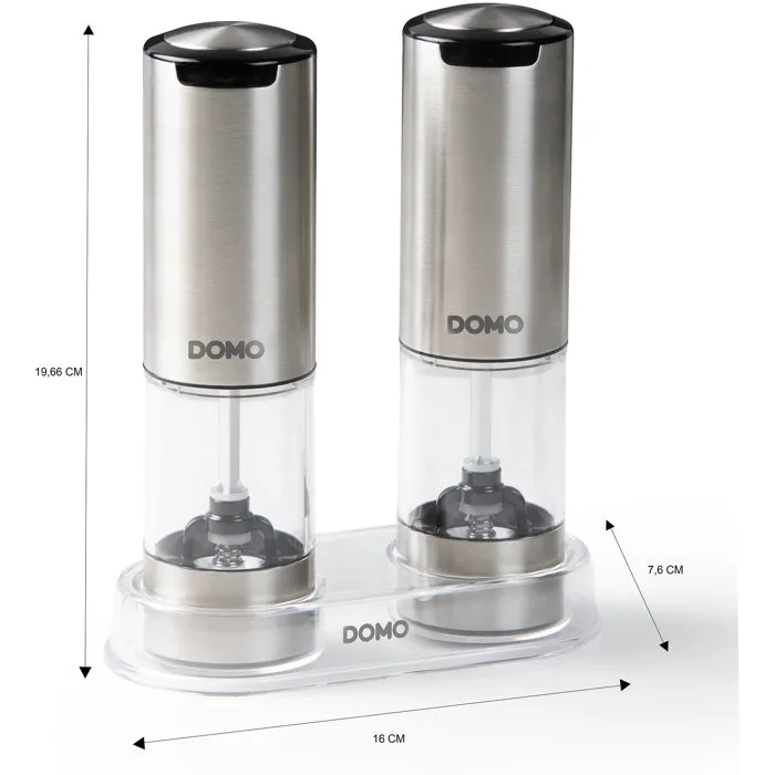 DOMO Moulin à Poivre et Sel Électriques USB avec LED et Réglage de Mouture, Ensemble de 2 (96 ml) - Transparent et Argenté