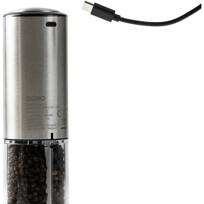 DOMO Moulin à Poivre et Sel Électriques USB avec LED et Réglage de Mouture, Ensemble de 2 (96 ml) - Transparent et Argenté
