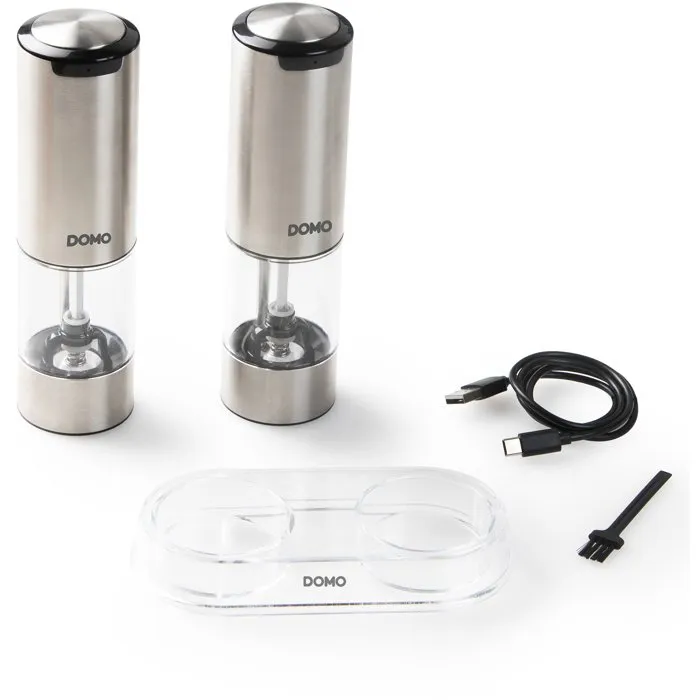 DOMO Moulin à Poivre et Sel Électriques USB avec LED et Réglage de Mouture, Ensemble de 2 (96 ml) - Transparent et Argenté