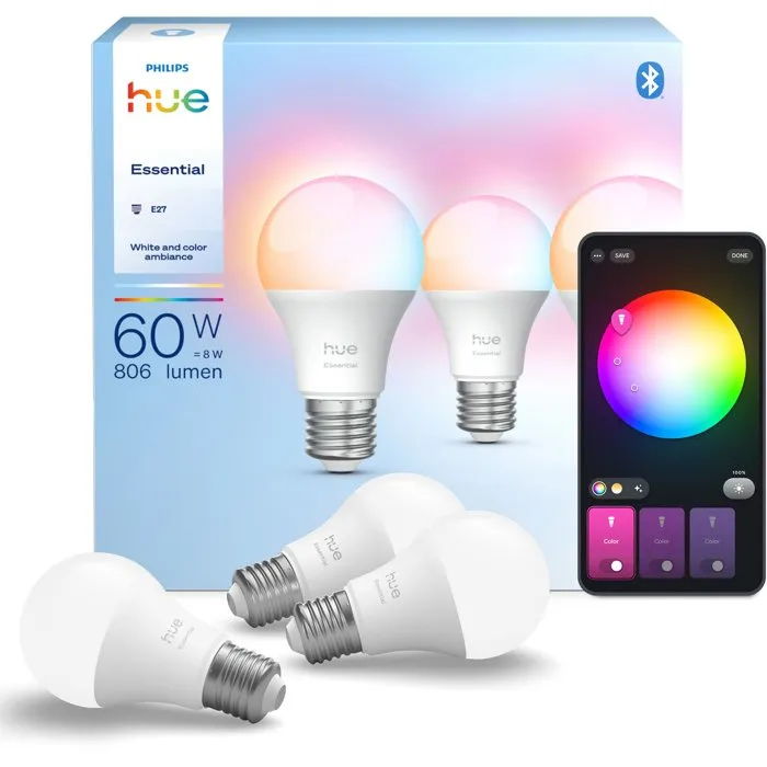 Philips Hue Pack de 3 ampoules connectées Essential E27 A60, lumière blanche et couleur, 8 W, 16 millions de couleurs, gradation fluide