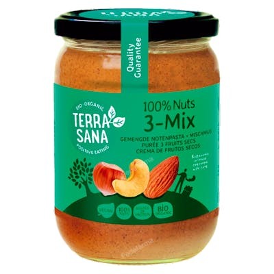 TERRASANA Crème de mélange de 3 fruits à coque BIO sans cacahuète 500 g TERRASANA Crème de mélange de 3 fruits à coque BIO sans cacahuète 500 g