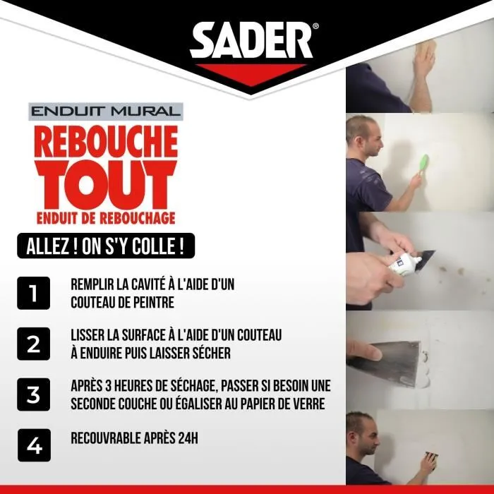 Sader - Enduit de Rebouchage Prêt à l'Emploi - Pour Trous et Fissures jusqu'à 1 cm - Pour Plâtre, Béton, Brique - Tube 330 g
