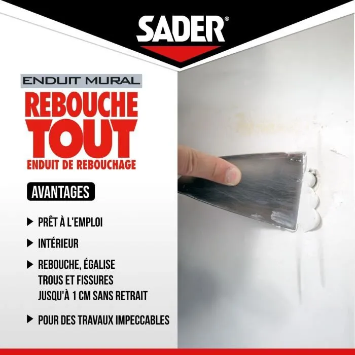 Sader - Enduit de Rebouchage Prêt à l'Emploi - Pour Trous et Fissures jusqu'à 1 cm - Pour Plâtre, Béton, Brique - Tube 330 g