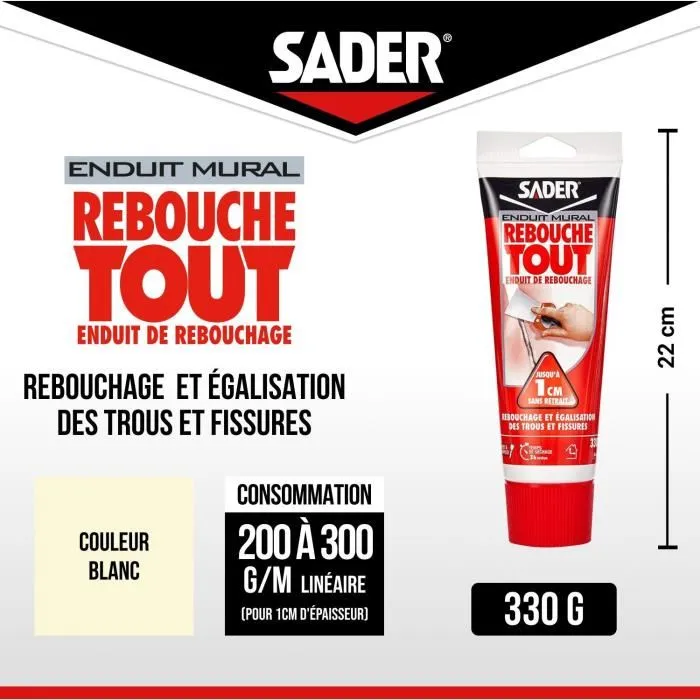 Sader - Enduit de Rebouchage Prêt à l'Emploi - Pour Trous et Fissures jusqu'à 1 cm - Pour Plâtre, Béton, Brique - Tube 330 g