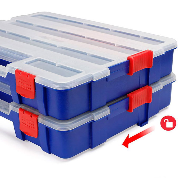 Workpro Organisateur à compartiments empilable avec couvercle 18 divisions - PP transparent - Bleu et rouge - 382 x 300 x 68 mm