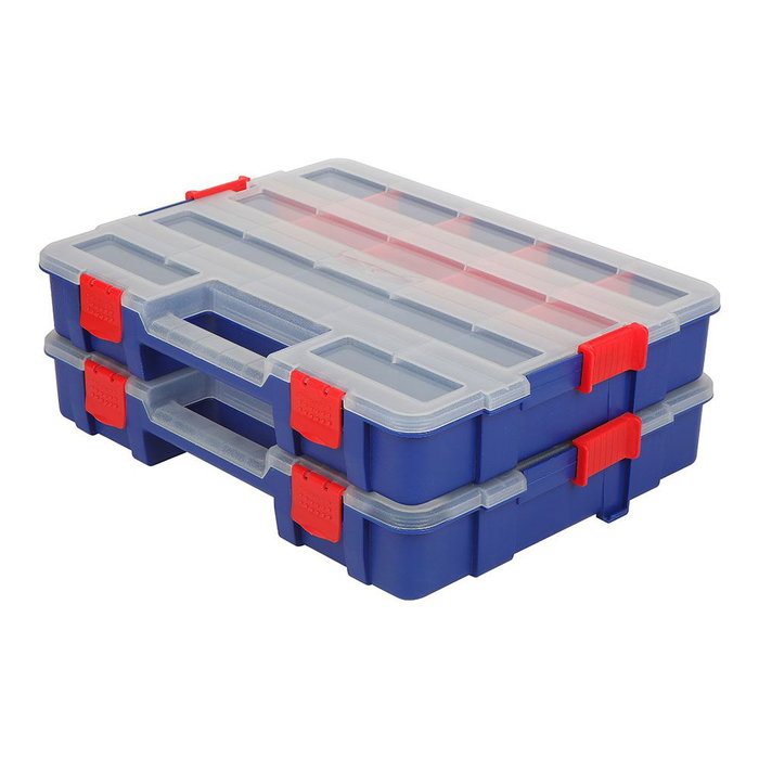 Workpro Organisateur à compartiments empilable avec couvercle 18 divisions - PP transparent - Bleu et rouge - 382 x 300 x 68 mm