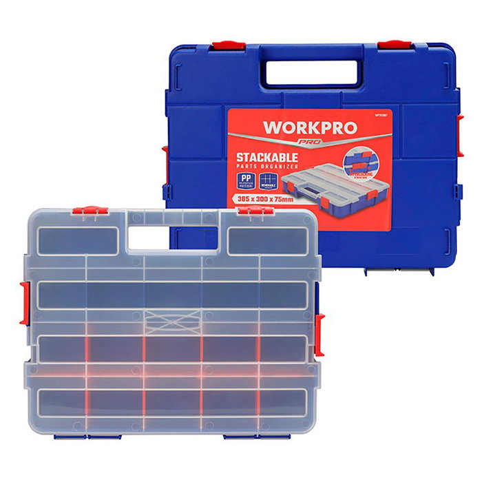 Workpro Organisateur à compartiments empilable avec couvercle 18 divisions - PP transparent - Bleu et rouge - 382 x 300 x 68 mm