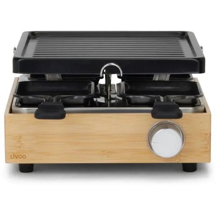 Livoo DOC311 Appareil à raclette 4 personnes 800W - Plateau grill amovible antiadhésif et thermostat ajustable avec 4 caquelons et spatules