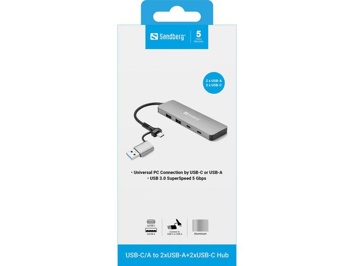 Sandberg Hub USB-C/A vers 2x USB-A + 2x USB-C USB 3.0 SuperSpeed 5 Gbit/s Sandberg Hub USB-C/A vers 2x USB-A + 2x USB-C USB 3.0 SuperSpeed 5 Gbit/s