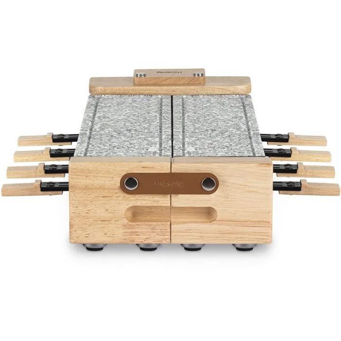 Hkoenig WOD362 Appareil à Raclette 1400 W - Pierre de Cuisson Naturelle Rotative - Design Bois - Pour 8 Personnes avec 8 Pœlons et Spatules