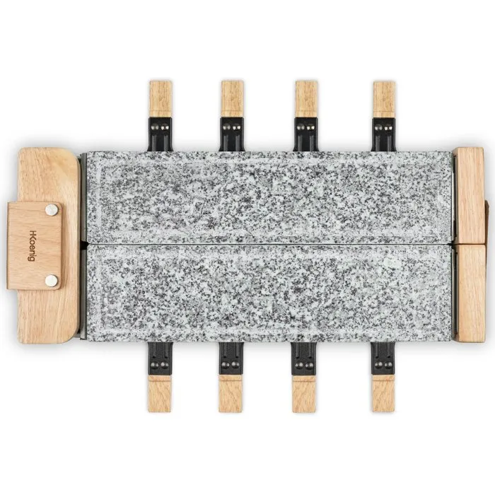 Hkoenig WOD362 Appareil à Raclette 1400 W - Pierre de Cuisson Naturelle Rotative - Design Bois - Pour 8 Personnes avec 8 Pœlons et Spatules