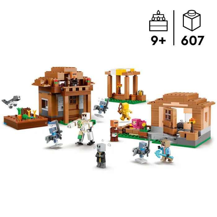LEGO Minecraft 21596 L'Évocateur à l'Attaque du Village - Jeu de Construction 9 Ans avec Figurines et Maisons