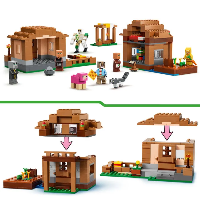 LEGO Minecraft 21596 L'Évocateur à l'Attaque du Village - Jeu de Construction 9 Ans avec Figurines et Maisons