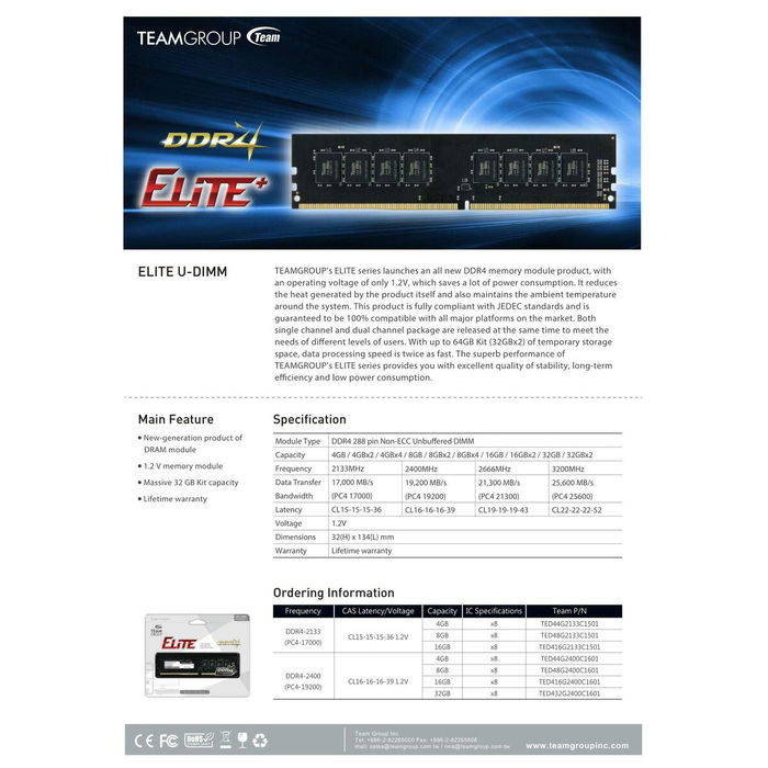 Team Group ELITE TED432G3200C2201 Mémoire RAM DDR4 32 Go 1 x 32 Go 3200 MHz CAS 22 1.2 V DIMM 288-pins pour PC
