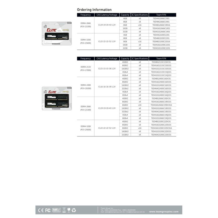 Team Group ELITE TED432G3200C2201 Mémoire RAM DDR4 32 Go 1 x 32 Go 3200 MHz CAS 22 1.2 V DIMM 288-pins pour PC