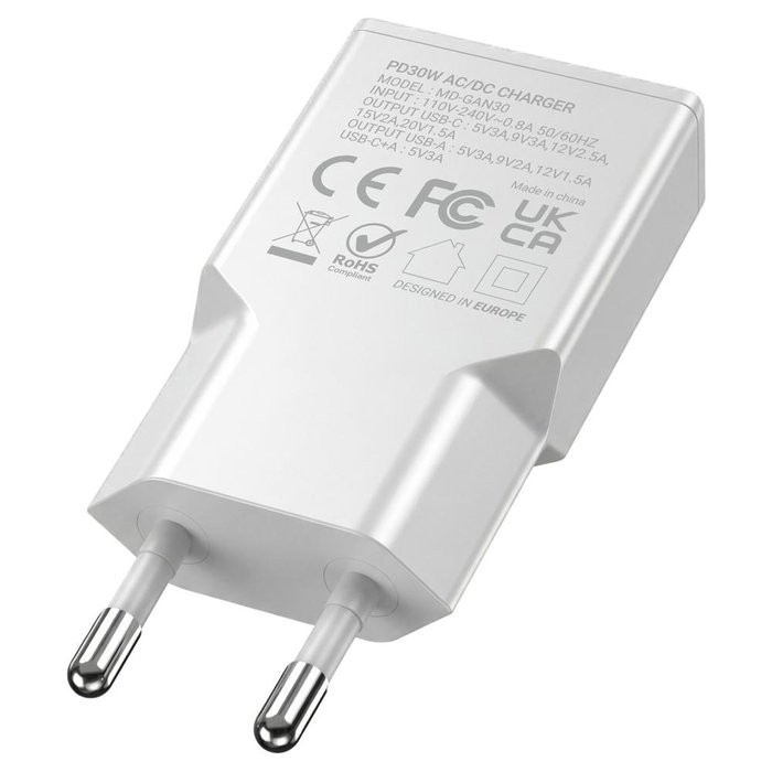 Mars Gaming Cargateur Mural MD-GAN30 30W GaN PD 3.0 QC 3.0 USB-C USB-A Blanc