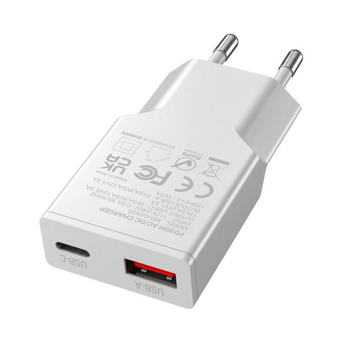 Mars Gaming Cargateur Mural MD-GAN30 30W GaN PD 3.0 QC 3.0 USB-C USB-A Blanc
