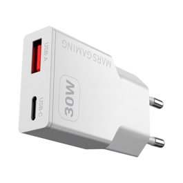 Mars Gaming Cargateur Mural MD-GAN30 30W GaN PD 3.0 QC 3.0 USB-C USB-A Blanc