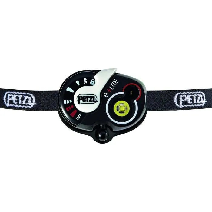 Petzl E+Lite - Lampe frontale de secours 40 lumens - Éclairage fixe ou clignotant rouge et blanc - Bandeau élastique avec sifflet intégré - Noir - Étui inclus