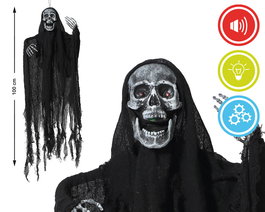 Skull Hanging Noire à Capuche Lumineuse 100 cm avec Effets Sonores et Lumineux, Décoration Sinistre pour Couloirs