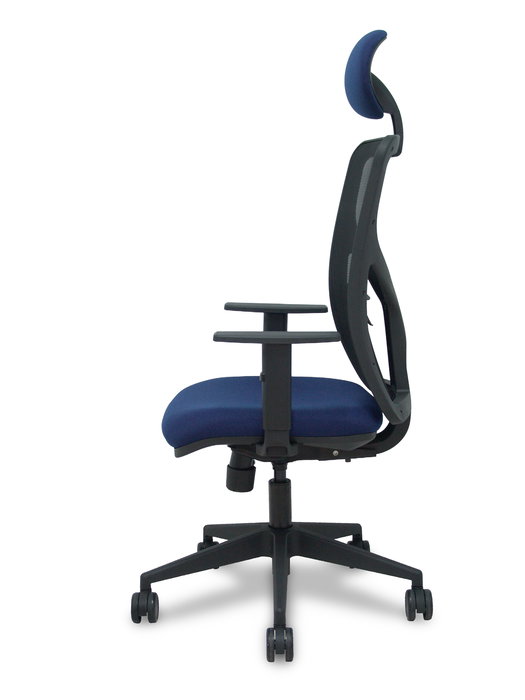 Silla de oficina Motilla con mecanismo Sincro/Traslack tapizada con Tela color Azul marino y malla color Negro. Equipada con lumbar 1D, Brazos 1D, Cabecero Fijo y Ruedas 65mm nailon