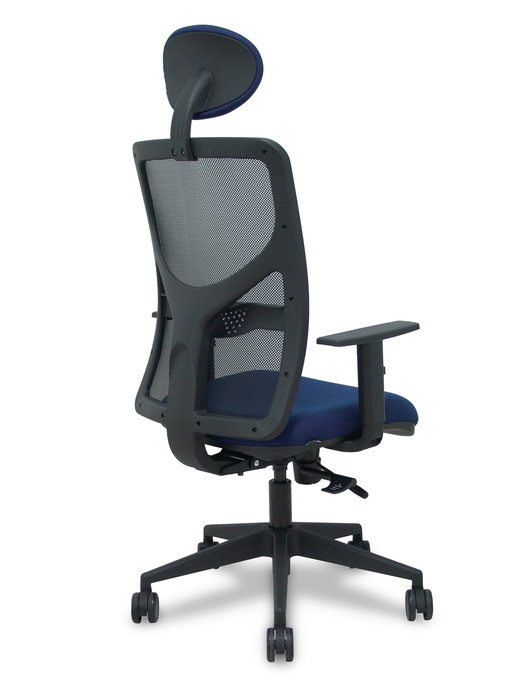Silla de oficina Motilla con mecanismo Sincro/Traslack tapizada con Tela color Azul marino y malla color Negro. Equipada con lumbar 1D, Brazos 1D, Cabecero Fijo y Ruedas 65mm nailon
