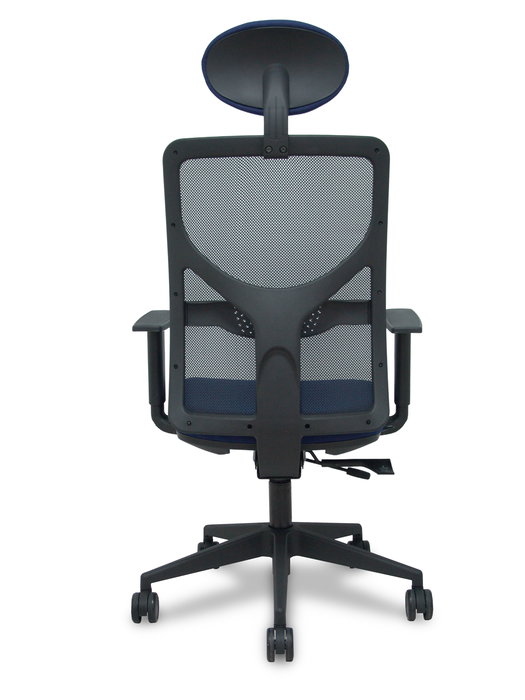 Silla de oficina Motilla con mecanismo Sincro/Traslack tapizada con Tela color Azul marino y malla color Negro. Equipada con lumbar 1D, Brazos 1D, Cabecero Fijo y Ruedas 65mm nailon