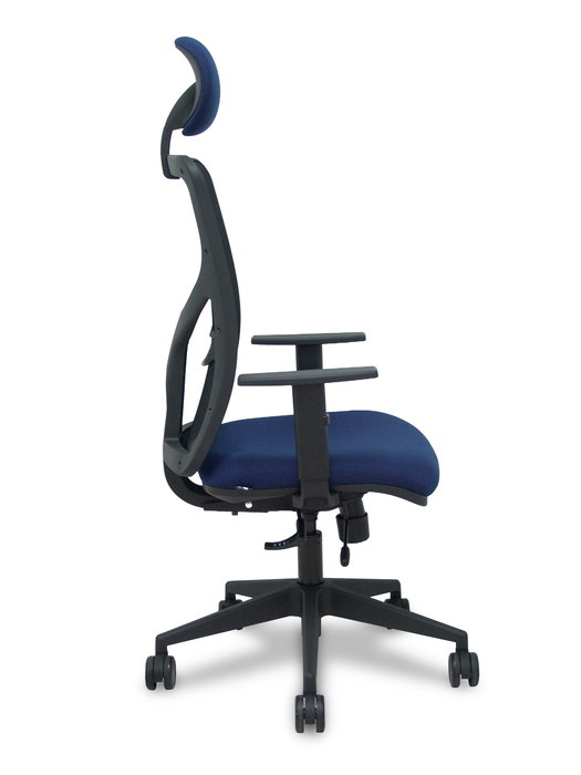 Silla de oficina Motilla con mecanismo Sincro/Traslack tapizada con Tela color Azul marino y malla color Negro. Equipada con lumbar 1D, Brazos 1D, Cabecero Fijo y Ruedas 65mm nailon