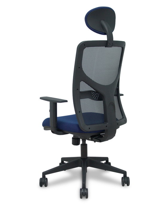 Silla de oficina Motilla con mecanismo Sincro/Traslack tapizada con Tela color Azul marino y malla color Negro. Equipada con lumbar 1D, Brazos 1D, Cabecero Fijo y Ruedas 65mm nailon