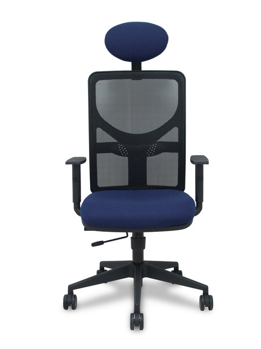 Silla de oficina Motilla con mecanismo Sincro/Traslack tapizada con Tela color Azul marino y malla color Negro. Equipada con lumbar 1D, Brazos 1D, Cabecero Fijo y Ruedas 65mm nailon