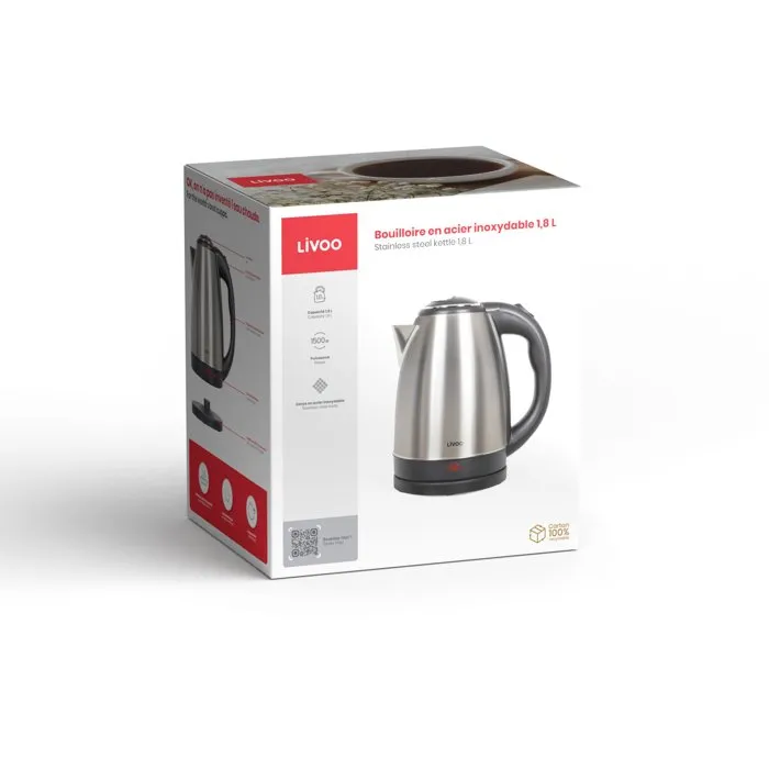 Livoo DOD207 Bouilloire en acier inoxydable 1,8 L 1500 W Livoo DOD207 Bouilloire en acier inoxydable 1,8 L 1500 W