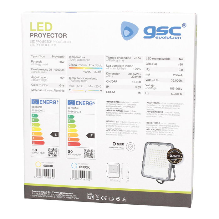 GSC Evolution Projecteur LED 50W 4000K Gris IP65 GSC Evolution Projecteur LED 50W 4000K Gris IP65