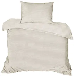 Parure de lit 1 personne, Housse de couette 140 x 200 cm + 2 Taies d'oreiller 60 x 60 cm, Satin imprimé rayures écru