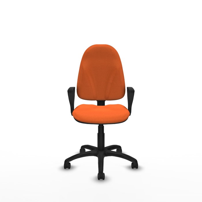 Chaise de bureau Algarra avec mécanisme de contact permanent à double poignée, recouverte de tissu orange. Équipée d'une base en polyamide noir, d'accoudoirs fixes et de roulettes autobloquantes.