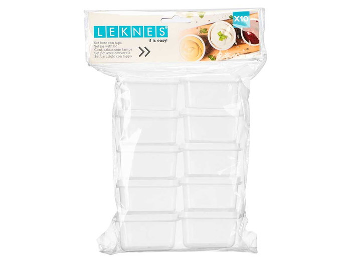 Leknes Lot de 10 Boîtes Carrées avec Couvercle 100 ml - Blanc et Transparent - Plastique (PP) 15x24x5.5 cm (Set de 24)