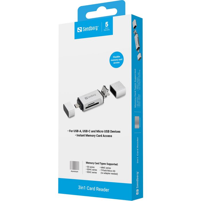 Sandberg Lecteur de Cartes Mémoire USB-C, USB-A et Micro USB pour Téléphone, Tablette et PC - Lecture/Ecriture SD et Micro SD en Aluminium