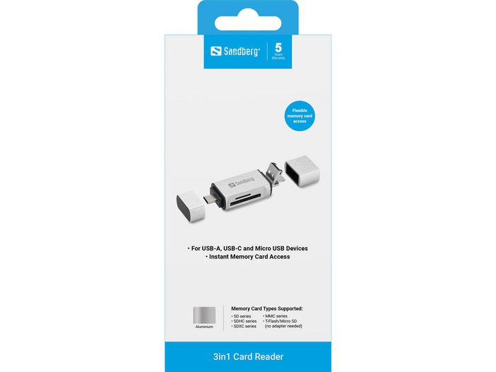 Sandberg Lecteur de Cartes Mémoire USB-C, USB-A et Micro USB pour Téléphone, Tablette et PC - Lecture/Ecriture SD et Micro SD en Aluminium