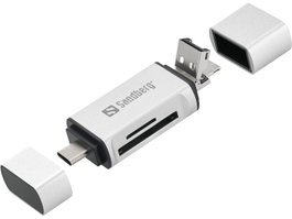 Sandberg Lecteur de Cartes Mémoire USB-C, USB-A et Micro USB pour Téléphone, Tablette et PC - Lecture/Ecriture SD et Micro SD en Aluminium