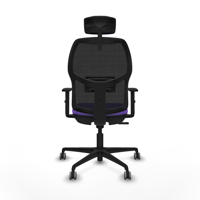 Chaise Alfera Synchro 4 positions tissu Violet Maille Noir Base en nylon noir Accoudoir 1D Appui-tête 2D Roulettes 65mm pour moquette