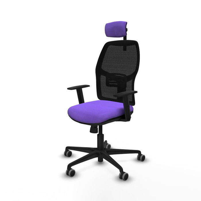 Chaise Alfera Synchro 4 positions tissu Violet Maille Noir Base en nylon noir Accoudoir 1D Appui-tête 2D Roulettes 65mm pour moquette